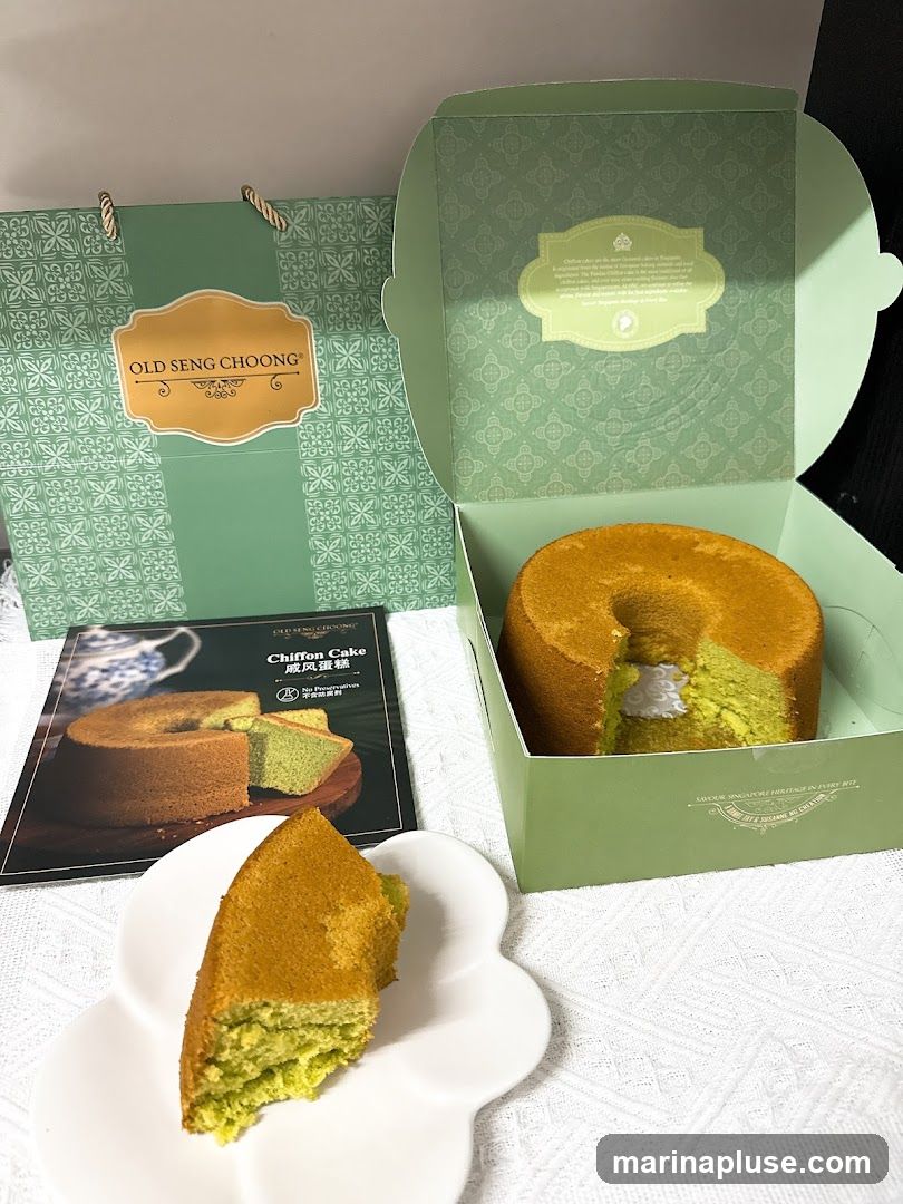 A chiffon cake is presented in a green box, with a slice on a white plate. A brochure for "OLD SENG CHOONG" Chiffon Cake is also visible.