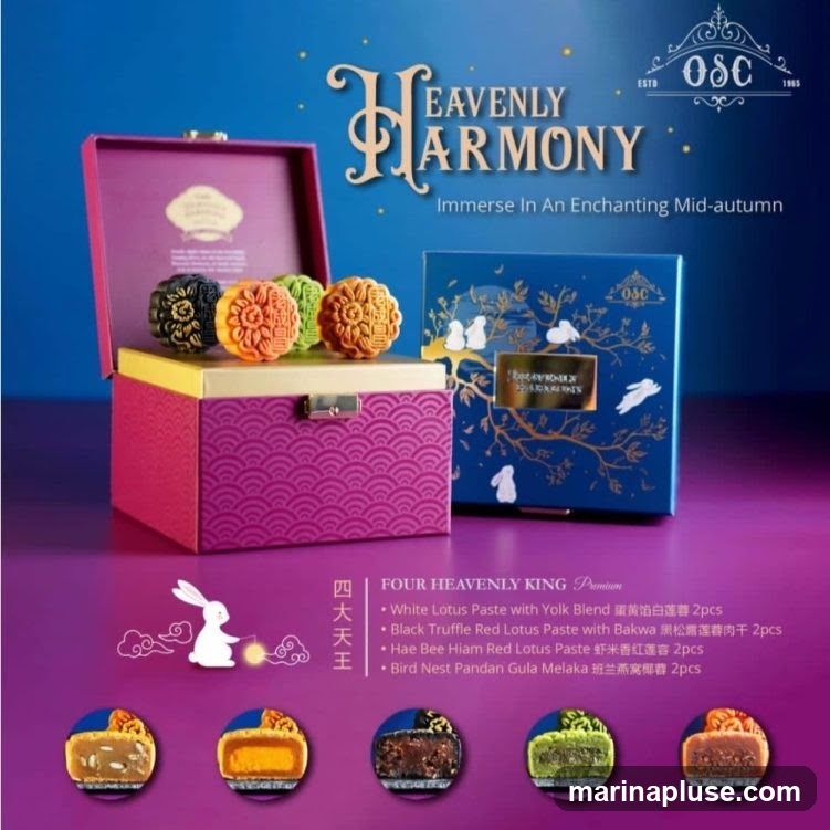 A promotional image for "Heavenly Harmony" mooncakes, featuring a purple gift box with four mooncakes and a blue gift box. The text lists the "Four Heavenly King" premium flavors: White Lotus Paste with Yolk Blend, Black Truffle Red Lotus Paste with Bakwa, Hae Bee Hiam Red Lotus Paste, and Bird Nest Pandan Gula Melaka. Below, cross-sections of five different mooncakes are displayed.
