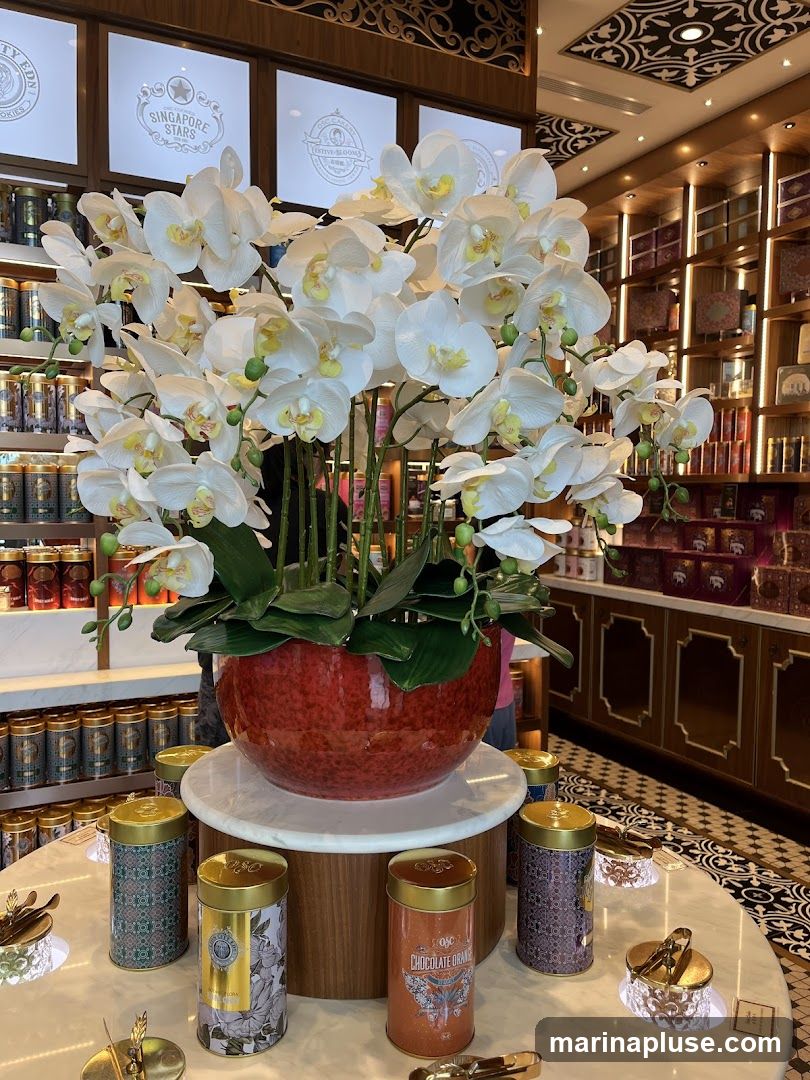 A large arrangement of white orchids in a red pot sits on a marble-topped display table. Several decorative tins are arranged around the base of the orchids. In the background, shelves are filled with more tins and boxes, suggesting a retail environment. Illuminated panels with logos are visible on the wall behind the orchids.