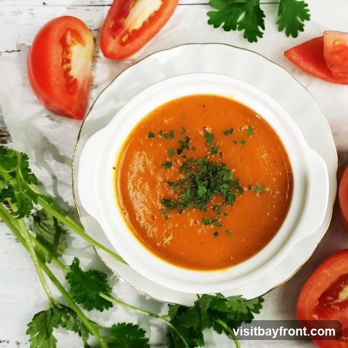 A bowl of creamy tomato soup garnished with chopped parsley, served on a white plate with a gold rim. Sliced tomatoes and cilantro sprigs are arranged around the bowl on a white wooden surface.