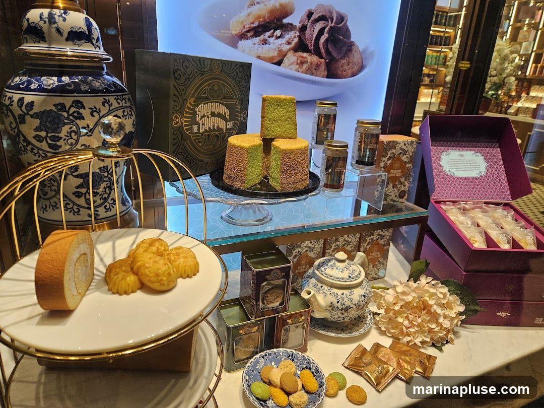 A display of various baked goods, including a Swiss roll, small yellow pastries, a two-tiered chiffon cake, and cookies. There are also tea tins, a teapot, and gift boxes containing individually wrapped items. A large decorative ginger jar is visible on the left.
