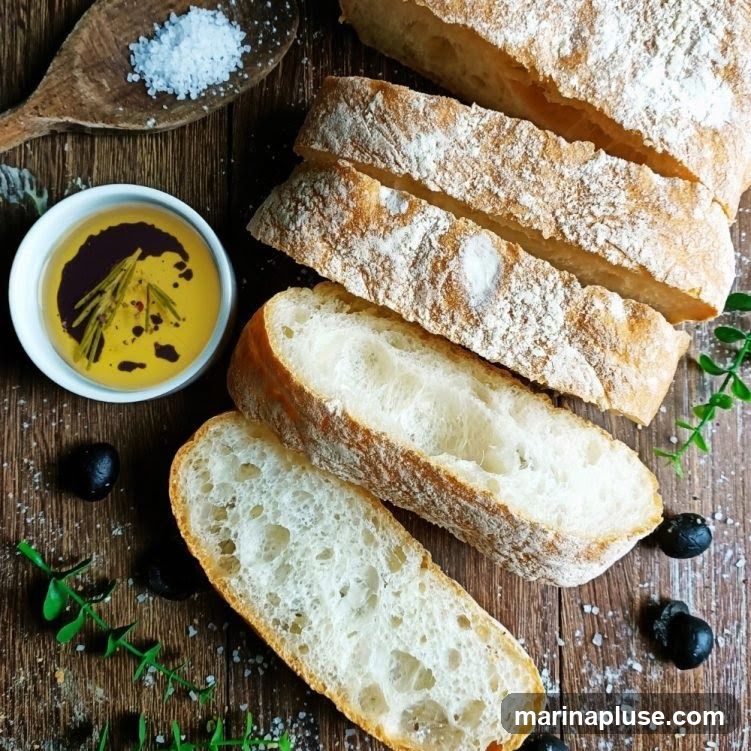 A rustic overhead shot of sliced ciabatta bread, a small white bowl filled with olive oil and balsamic glaze, a wooden spoon with coarse salt, and a few black olives scattered on a wooden surface. Fresh herbs and a dusting of flour add to the presentation.