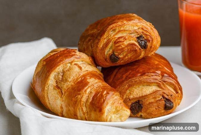 A close-up shot of three golden-brown pastries, two of which appear to be pain au chocolat, are arranged on a white plate. A glass of vibrant orange juice is visible to the right. The pastries have a flaky texture, and the pain au chocolat show dark chocolate pieces peeking through the layers. A white cloth is draped to the left of the plate.