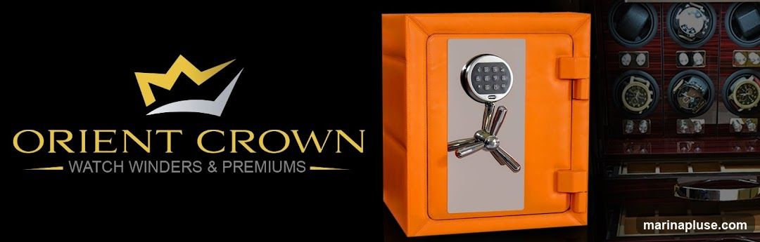 A composite image featuring the Orient Crown logo, an orange watch winder safe with a digital keypad and handle, and a close-up of a watch winder cabinet filled with watches.