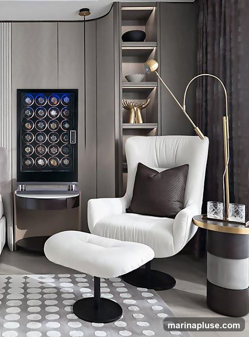 A sleek, modern living room features a tall, dark wood cabinet with illuminated shelves displaying decorative items. To the left, a black watch winder with multiple compartments, each holding a watch, is prominently displayed. In the center, a plush white armchair with a dark throw pillow sits next to a matching ottoman on a patterned rug. A contemporary floor lamp with a brass finish arches over the armchair, and a side table holds two decorative glasses.