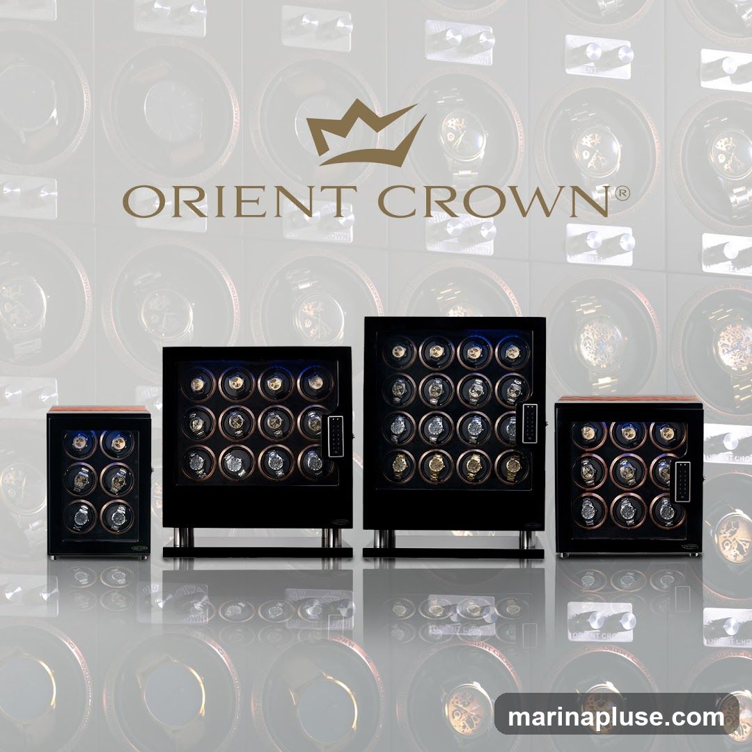 A display of four Orient Crown watch winders, showcasing various sizes and capacities. The background features a repeating pattern of watch faces and the Orient Crown logo.