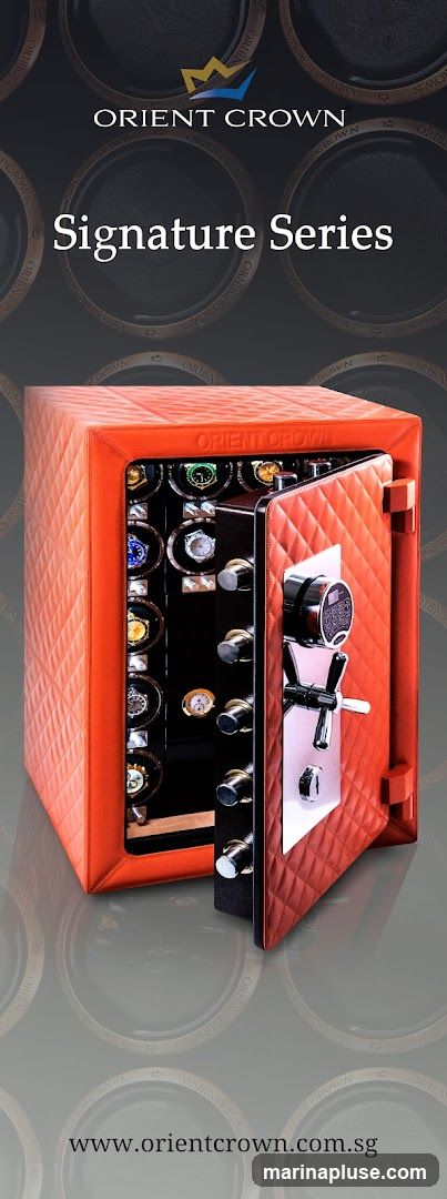 An orange quilted safe with its door open, revealing multiple watches displayed on rotating mounts. The brand name "ORIENT CROWN" and "Signature Series" are visible. The website "www.orientcrown.com.sg" is displayed at the bottom.