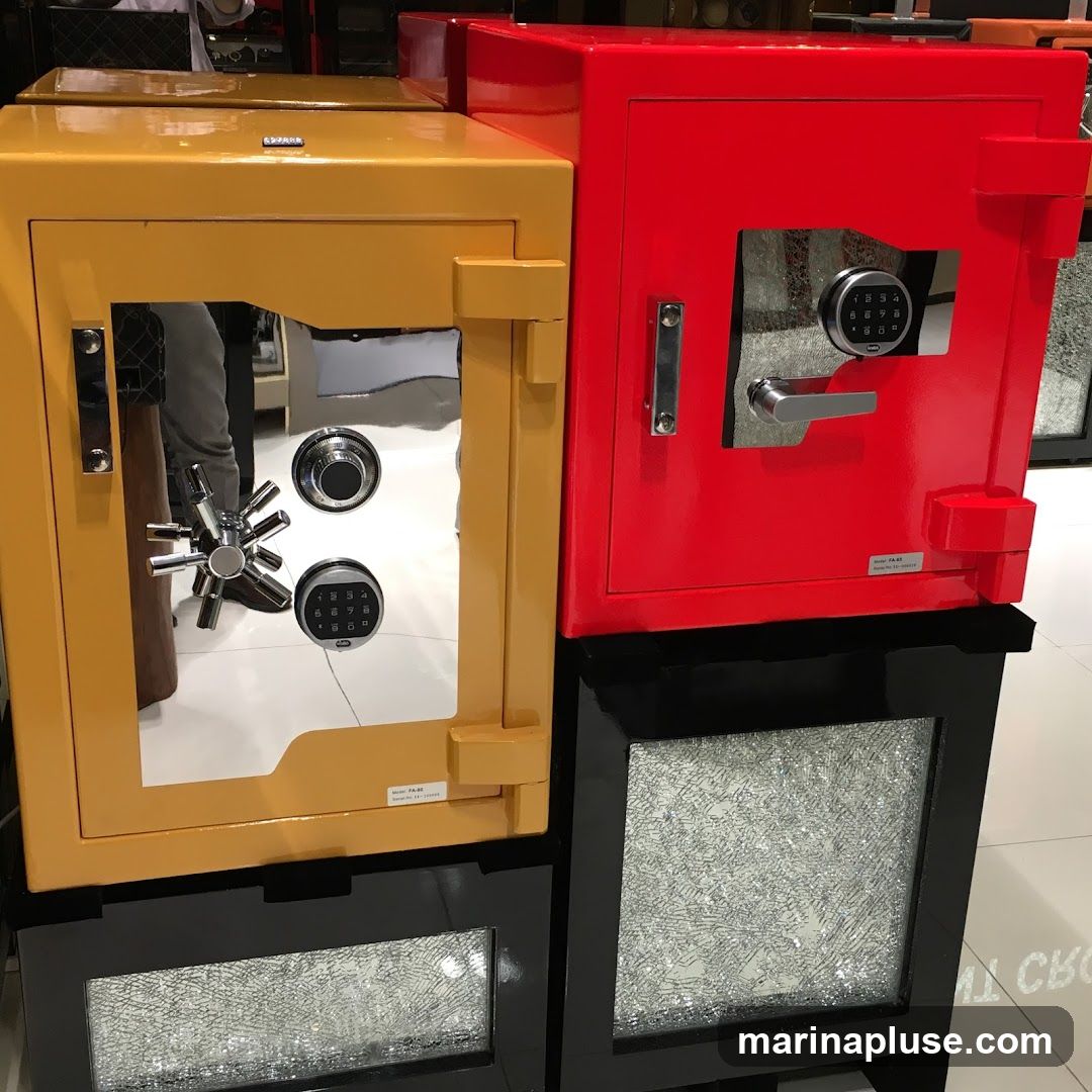 Two safes, one yellow and one red, are displayed side-by-side. The yellow safe has a mirrored door with a combination lock and a star-shaped handle. The red safe has a digital keypad and a silver handle. Both safes are placed on black stands, with the lower part of the stands featuring a glass panel filled with what appears to be shattered glass or reflective material.