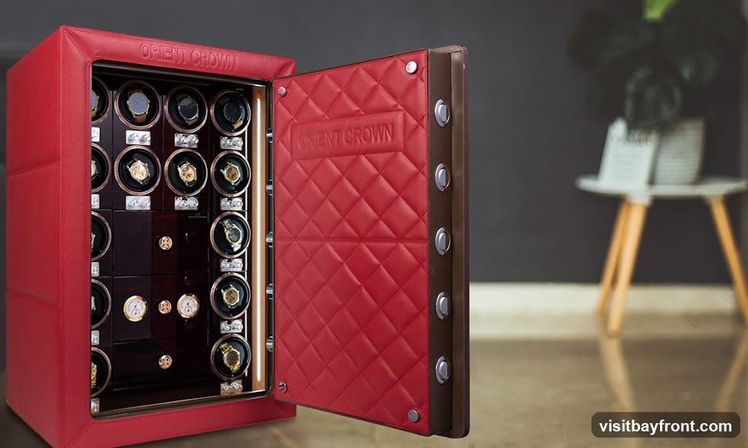 A red leather-clad safe with its door open, revealing multiple watch winders and drawers. The interior is lined with dark wood and features compartments for watches. The brand name "ORIENT CROWN" is embossed on the inside of the door and on the top edge of the safe. The background is blurred, showing a dark wall and a small table with a plant and a book.