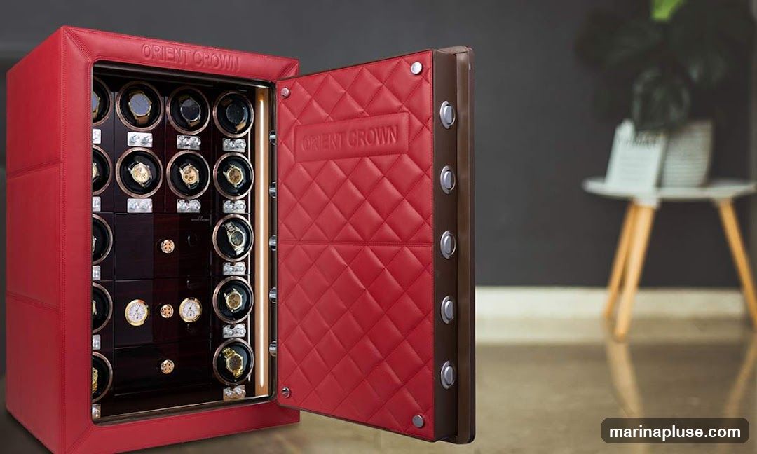 A red leather-clad safe with its door open, revealing multiple watch winders and drawers. The interior is lined with dark wood and features compartments for watches. The brand name "ORIENT CROWN" is embossed on the inside of the door and on the top edge of the safe. The background is blurred, showing a dark wall and a small table with a plant and a book.