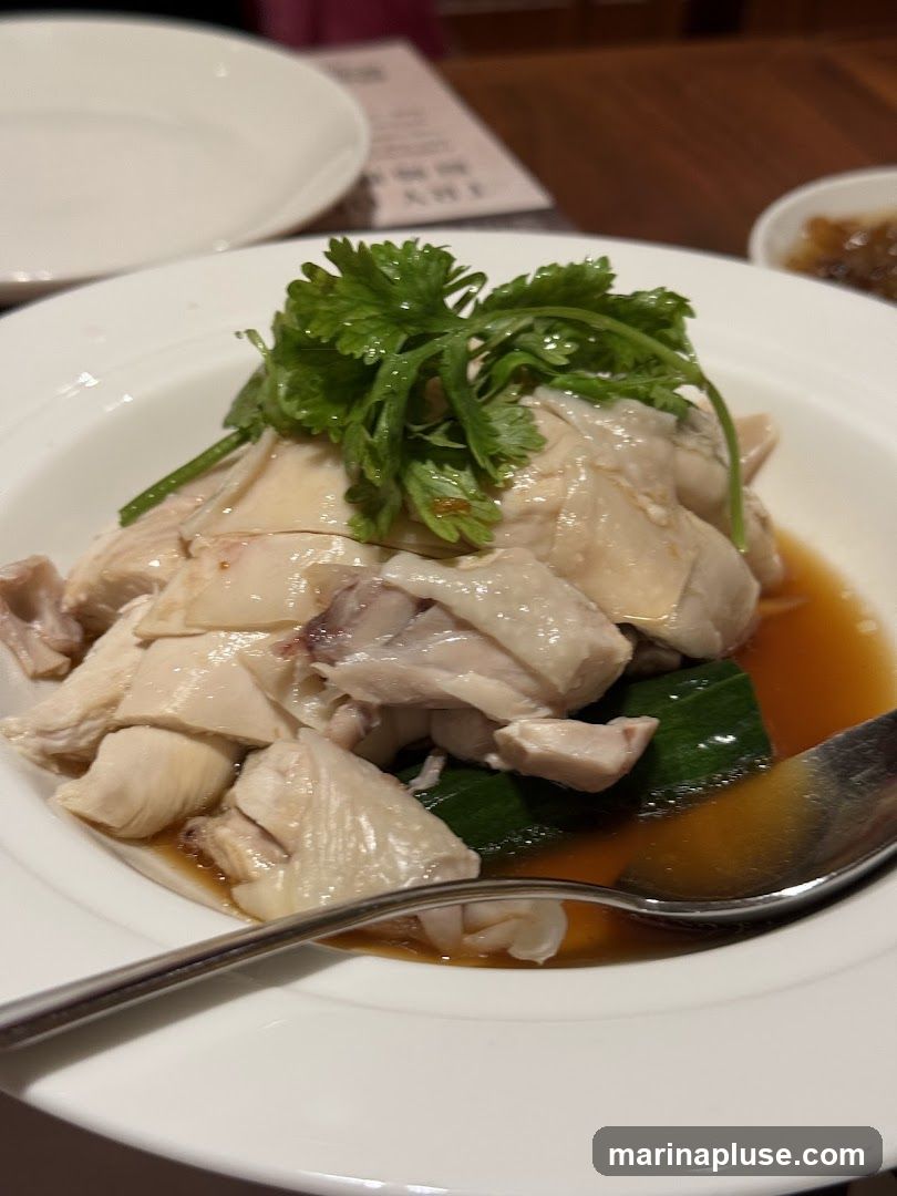 A close-up shot of a plate of Hainanese chicken rice. The dish features sliced poached chicken, garnished with fresh cilantro and served in a savory broth with some green onions. A spoon rests on the side of the white plate. In the background, a blurred menu and a small dish of sauce are visible.