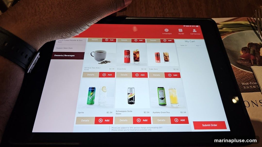 A tablet displaying a menu of desserts and beverages.