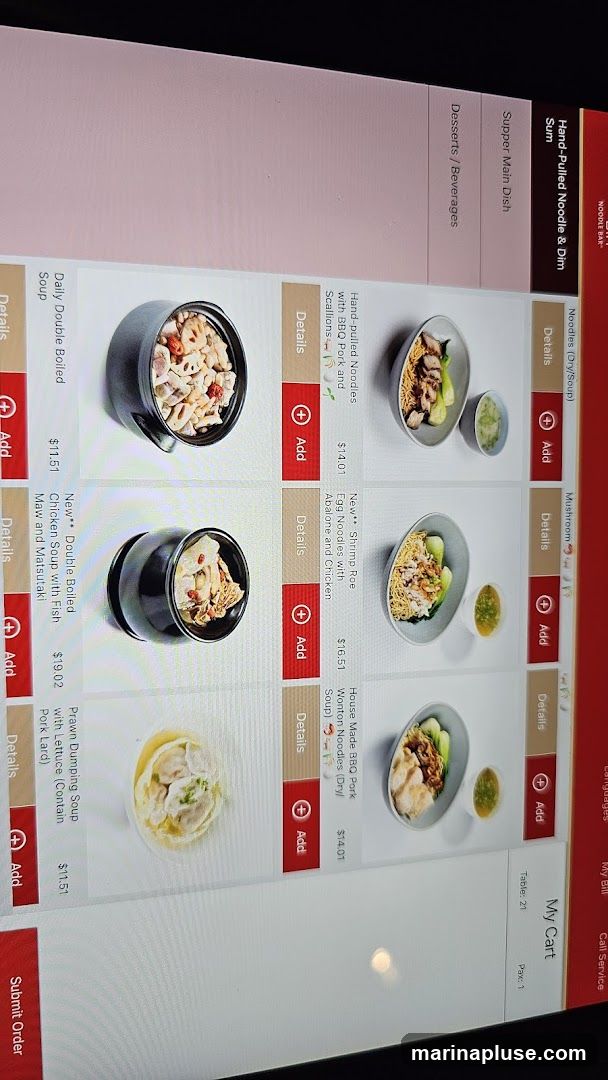A digital menu displaying various noodle dishes, soups, and dim sum items.