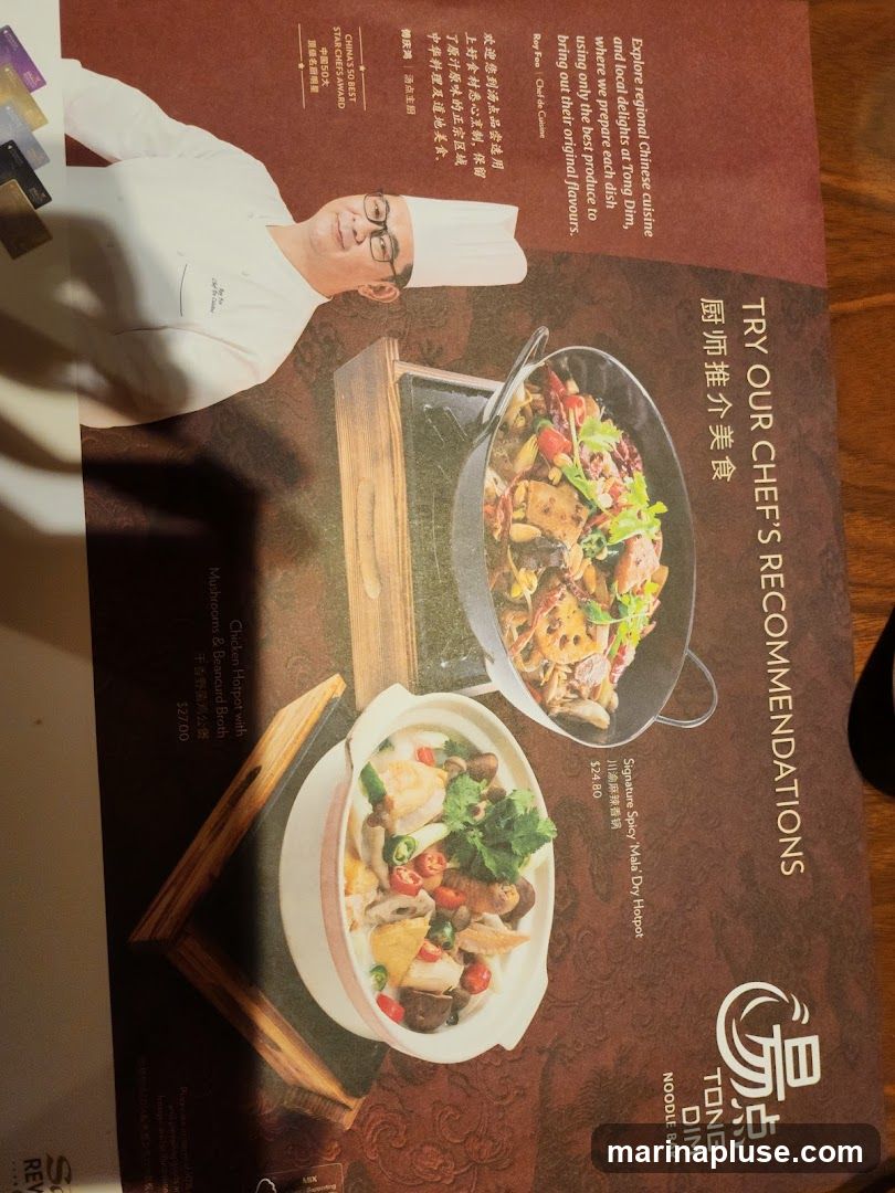 A menu featuring chef's recommendations from Tong Dim Noodle Bar, highlighting regional Chinese cuisine.