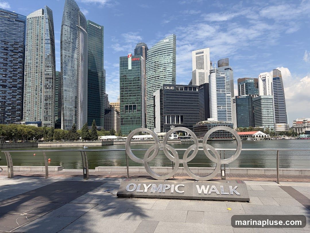A large sculpture of the Olympic rings stands in the foreground on a paved walkway. Behind the sculpture, a body of water is visible, with a line of trees and modern skyscrapers forming the city skyline under a bright, cloudy sky. The sculpture has the words "OLYMPIC WALK" inscribed on its base.