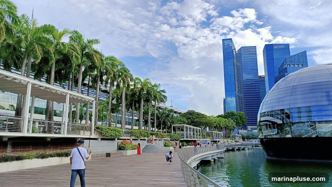 A scenic view of a waterfront promenade lined with palm trees, featuring modern glass-fronted buildings and skyscrapers in the background. People are seen strolling along the walkway and sitting by the water. The scene is set under a partly cloudy sky.