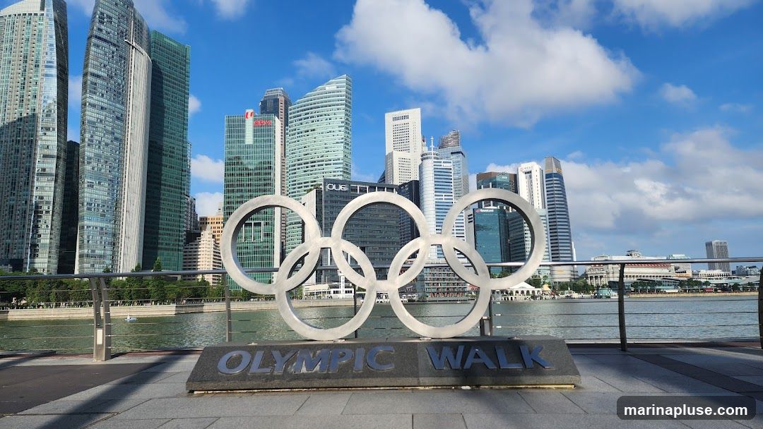 A large, metallic sculpture of the Olympic rings stands prominently in the foreground, with the words "OLYMPIC WALK" inscribed on its base. Behind the sculpture, a modern city skyline rises, featuring numerous tall skyscrapers of varying architectural styles. A body of water, likely a river or bay, separates the sculpture from the buildings. The sky is blue with scattered white clouds.