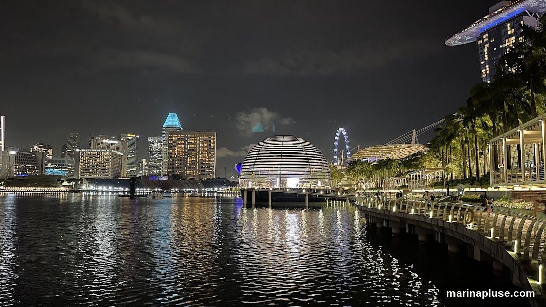 A nighttime panoramic view of a city skyline across a body of water. The most prominent structure is a modern, domed building with a glass facade, illuminated from within, situated on the water. To the right, a promenade lined with palm trees and modern architectural structures is visible, with people strolling along it. In the background, various skyscrapers and a Ferris wheel are lit up against the dark sky. The water reflects the city lights, creating a shimmering effect.