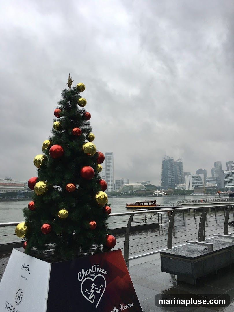 A decorated Christmas tree stands on a wet promenade with a city skyline in the background. The tree is adorned with red and gold ornaments and a star on top. The base of the tree has signage that reads "ChariTrees 2019" and "Community Heroes." In the distance, there are modern buildings and a boat on the water under a cloudy sky.
