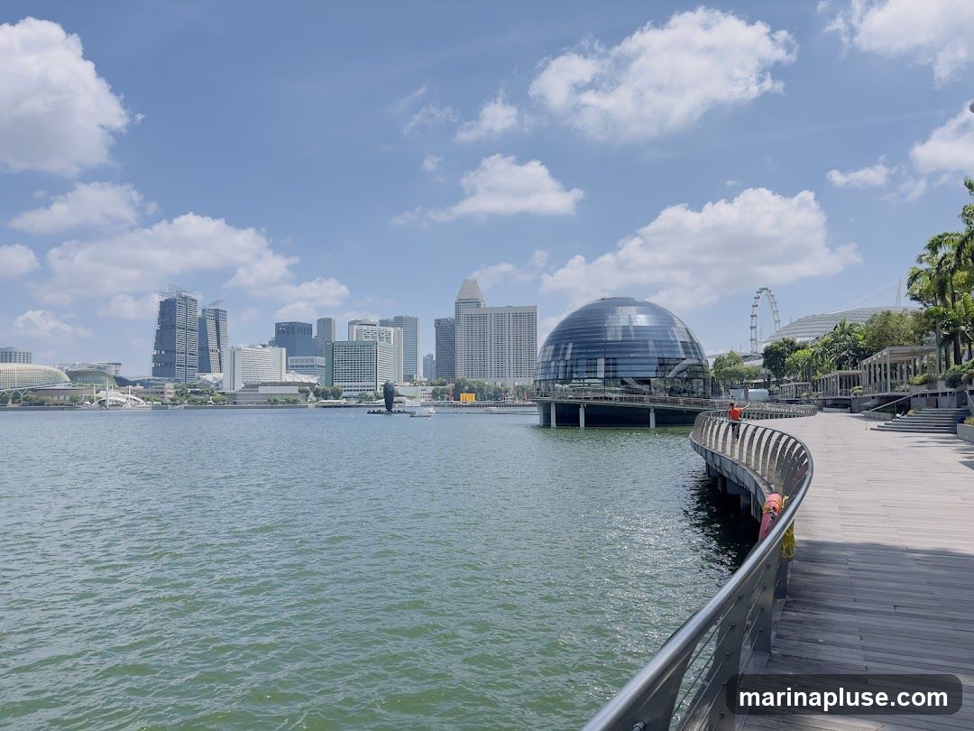 A scenic view of a waterfront promenade with a curved wooden walkway in the foreground. A large, modern glass dome structure sits on the water to the left, with a cityscape featuring tall buildings and a Ferris wheel in the background. The sky is blue with scattered white clouds.