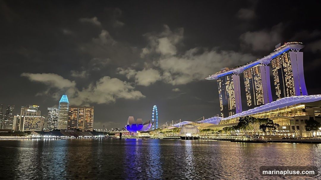 A panoramic view of the Singapore skyline at night, featuring the iconic Marina Bay Sands hotel with its illuminated rooftop, the ArtScience Museum, and a Ferris wheel. The city lights reflect on the calm water in the foreground. The sky is dark with scattered clouds.