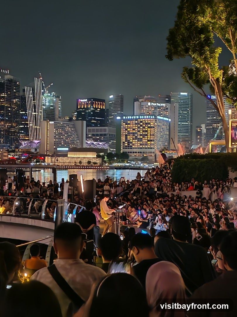 A large crowd gathers at night to watch a musician perform on a stage by the water. The cityscape with illuminated buildings forms the backdrop.