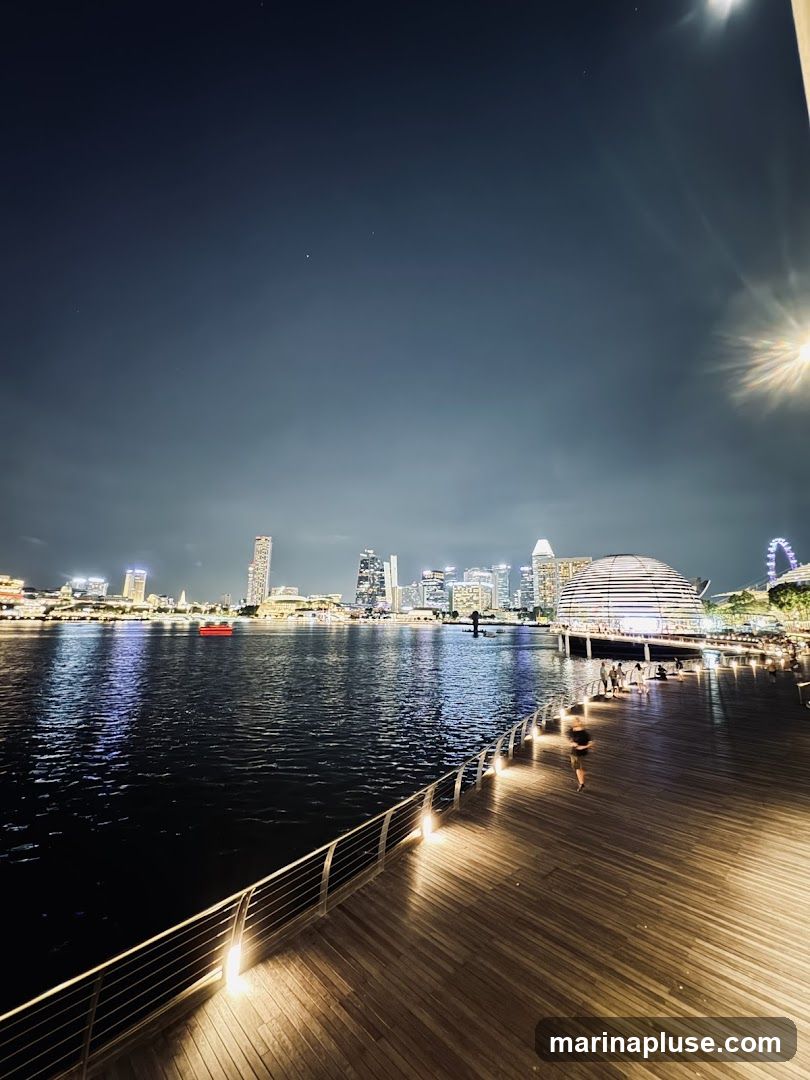 A wide shot of a city skyline at night, viewed across a body of water. A wooden promenade with lights runs along the foreground, with several people walking on it. The water reflects the lights of the city and the promenade. The skyline features numerous tall buildings, some with illuminated windows, and a distinctive domed structure. A Ferris wheel is visible on the far right.