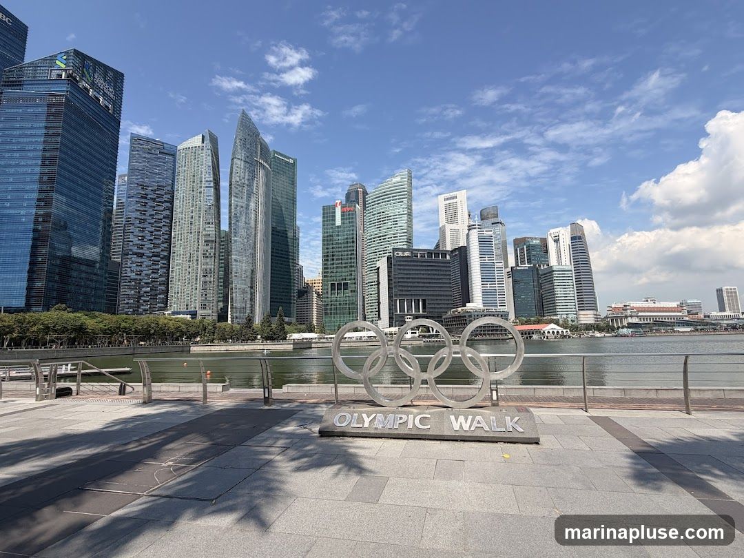 A wide shot of the Olympic Walk sculpture, featuring the iconic Olympic rings and the text "OLYMPIC WALK" in the foreground. Behind the sculpture, a body of water reflects the bright blue sky with scattered clouds. The background is dominated by a dense collection of modern skyscrapers, forming a city skyline. The pavement in the foreground is paved with large grey tiles, with shadows cast by unseen trees.