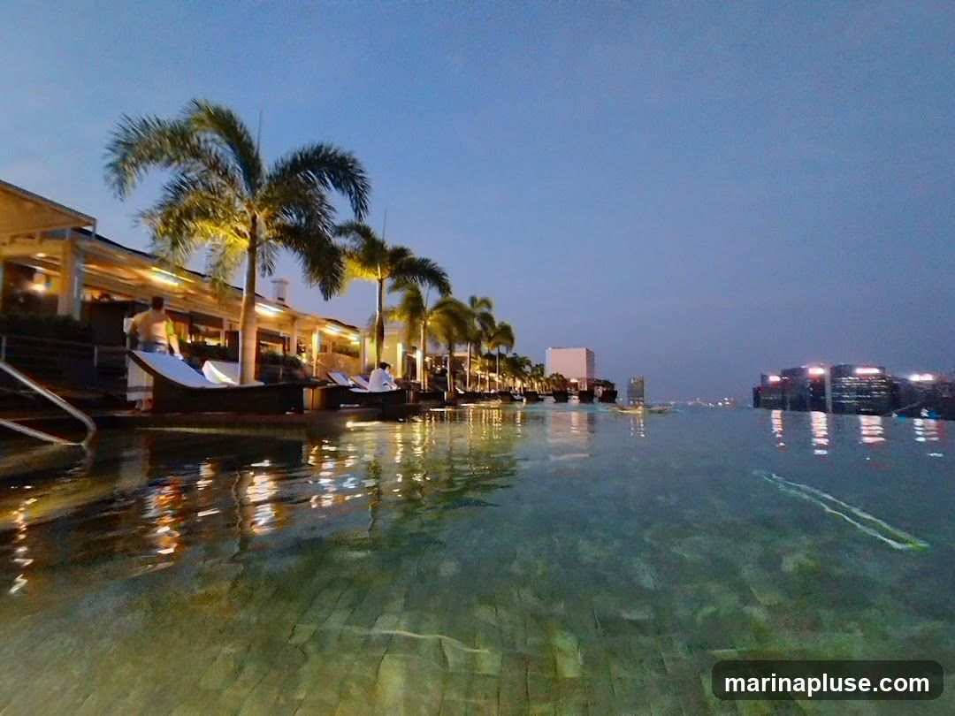 An infinity pool overlooks a city skyline at dusk. Palm trees line the edge of the pool, and lounge chairs are set up for relaxation. The water reflects the lights of the city and the surrounding buildings.