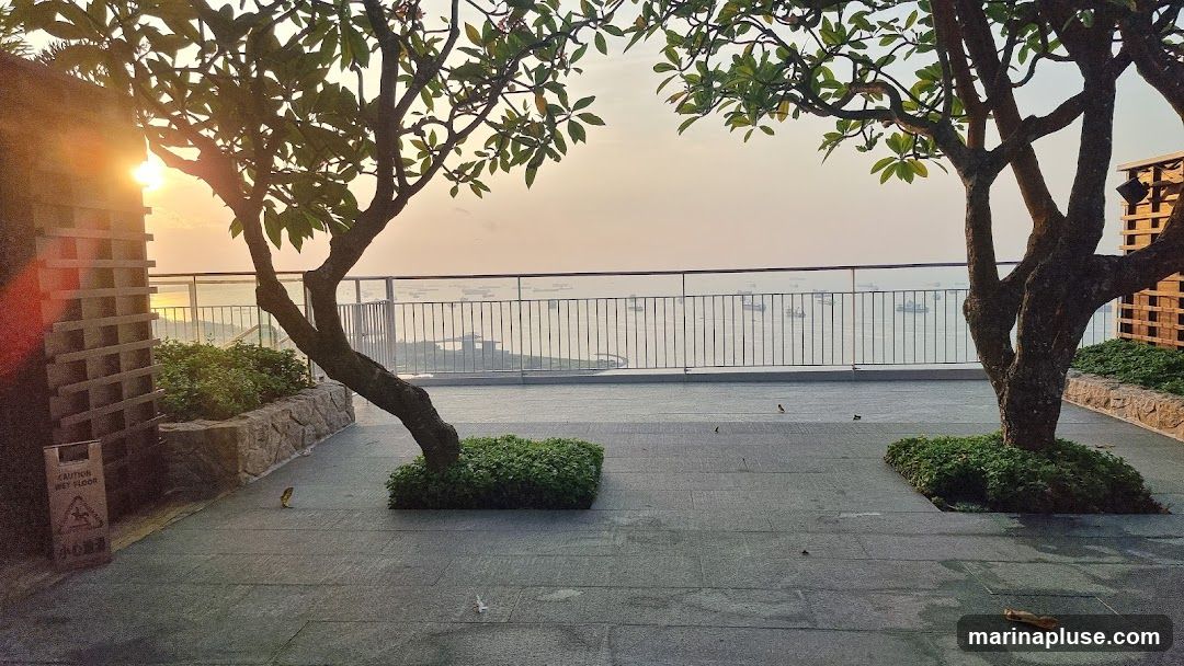 An outdoor seating area with two trees, a railing, and a view of the sea with many ships. The sun is setting or rising, casting a warm glow. A caution wet floor sign is visible on the left.
