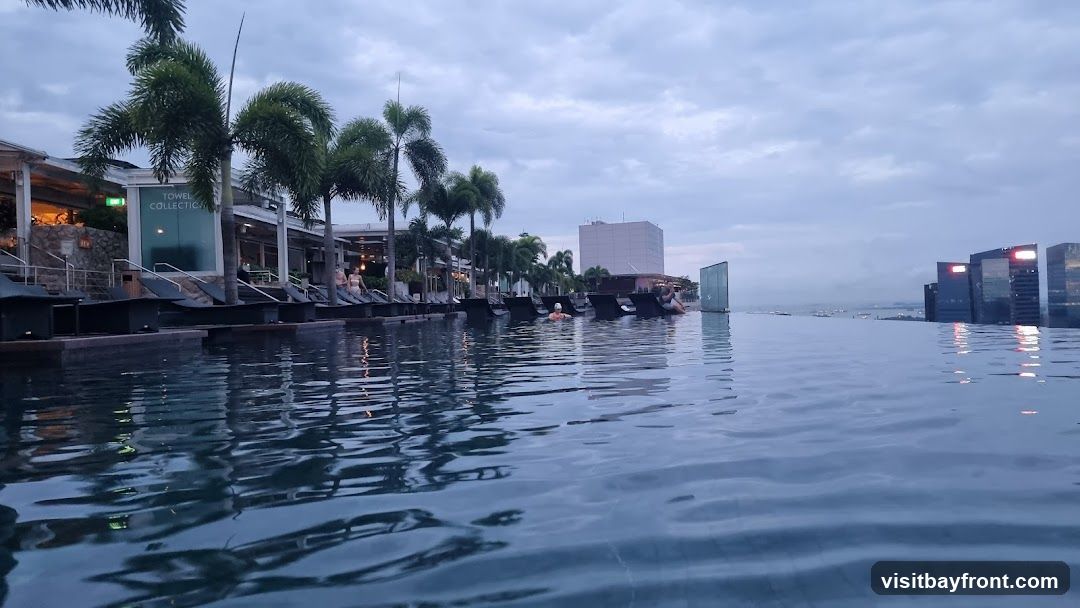 An infinity pool with lounge chairs and palm trees lines the edge of a building. In the background, a city skyline with tall buildings is visible under a cloudy sky. The water reflects the sky and buildings.