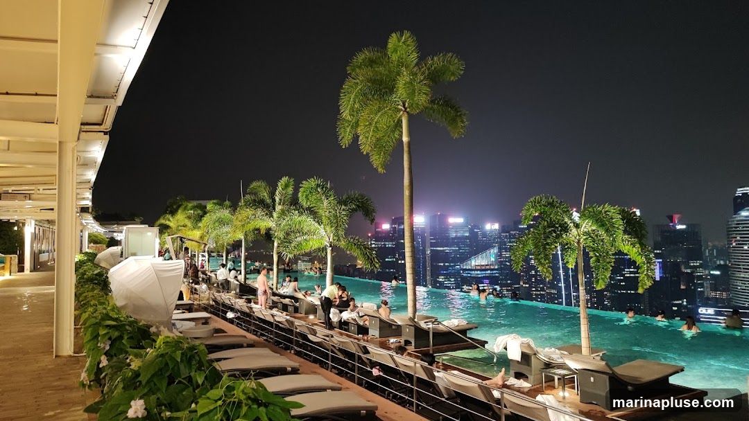 An infinity pool is illuminated at night, with the city skyline visible in the background. Palm trees are scattered around the pool area, and lounge chairs are set up for guests. Several people are swimming in the pool, while others relax on the loungers. The scene suggests a luxurious resort or hotel amenity.