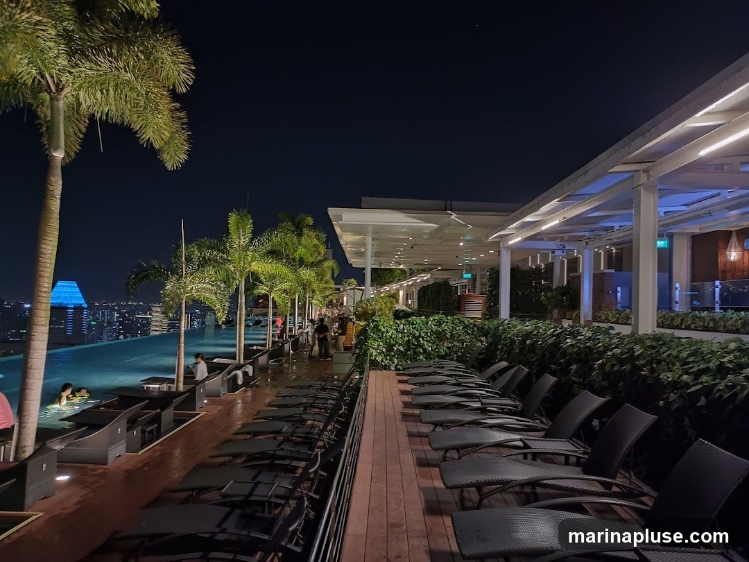 A rooftop infinity pool is illuminated at night, with the city skyline visible in the distance. Palm trees line the edge of the pool, and lounge chairs are neatly arranged on the wooden deck. People are seen swimming and relaxing in the pool. The area appears to be a bar or lounge with covered seating and ambient lighting.