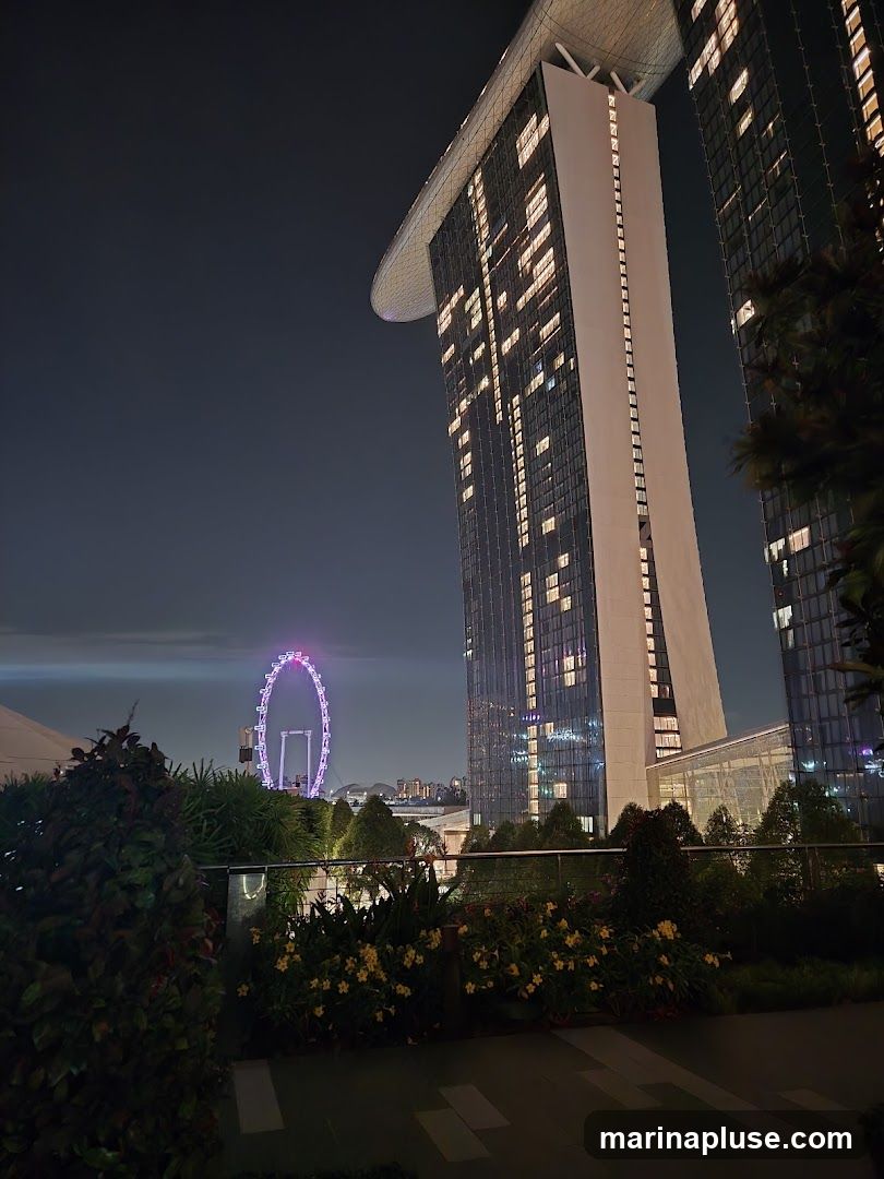 A nighttime view of the iconic Marina Bay Sands hotel with its distinctive boat-shaped top, illuminated by many windows. To the left, the Singapore Flyer Ferris wheel glows with purple lights. In the foreground, lush greenery and flowering plants are visible, suggesting a rooftop garden or balcony setting. The overall scene captures the vibrant cityscape at night.