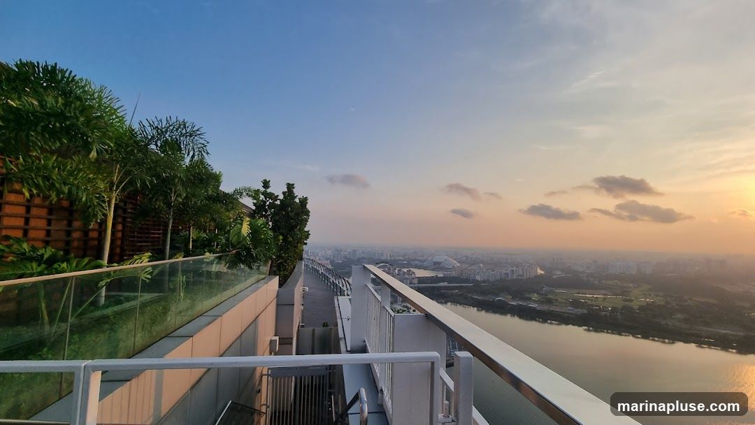 A panoramic view from a high vantage point, likely a rooftop or observation deck, overlooking a city skyline at sunset. Lush greenery and palm trees line the left side of the frame, with a glass railing separating the viewer from the expansive vista. The sky transitions from a clear blue to warm hues of orange and pink as the sun dips below the horizon. The city below is a sprawling landscape of buildings and waterways, bathed in the soft, diffused light of dusk.