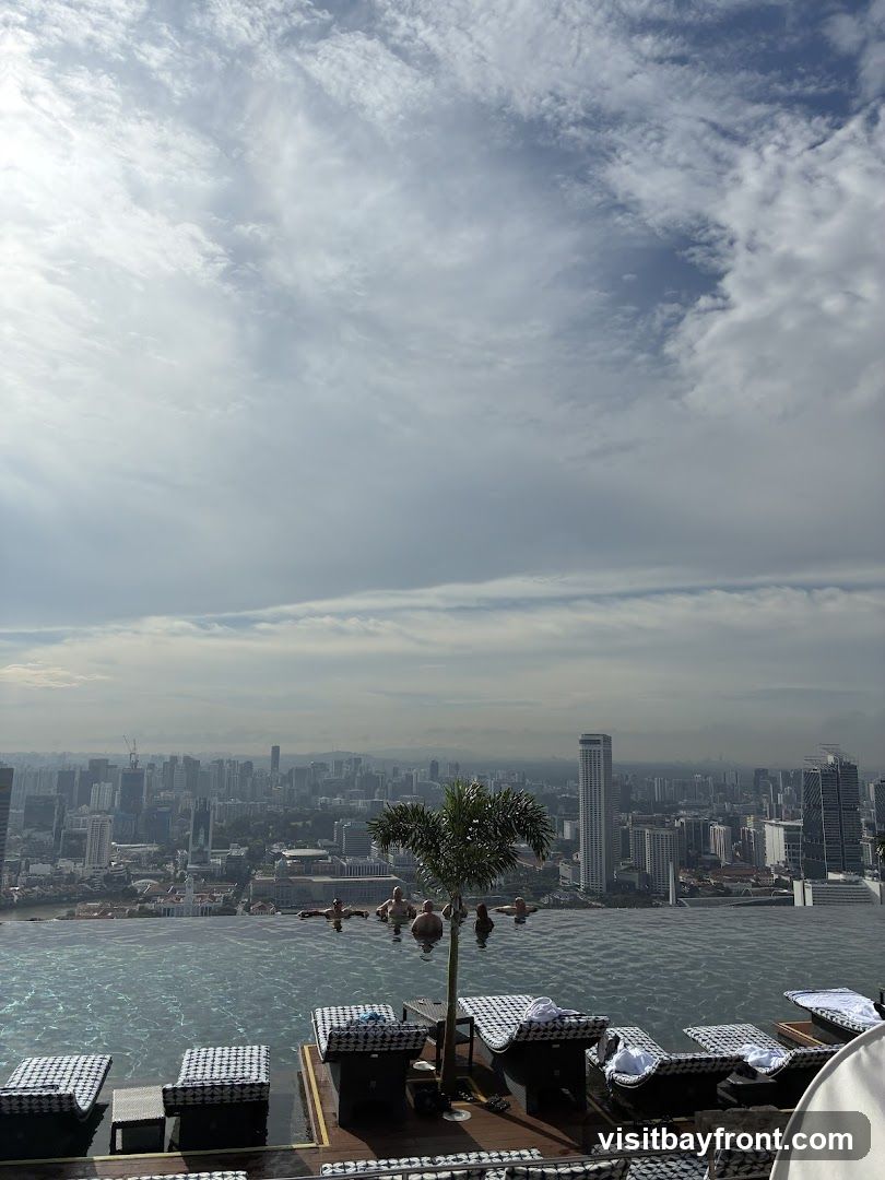 An infinity pool with several people relaxing in the water, overlooking a dense city skyline under a cloudy sky. Lounge chairs with patterned cushions are arranged around the pool deck, and a small palm tree stands in the water.