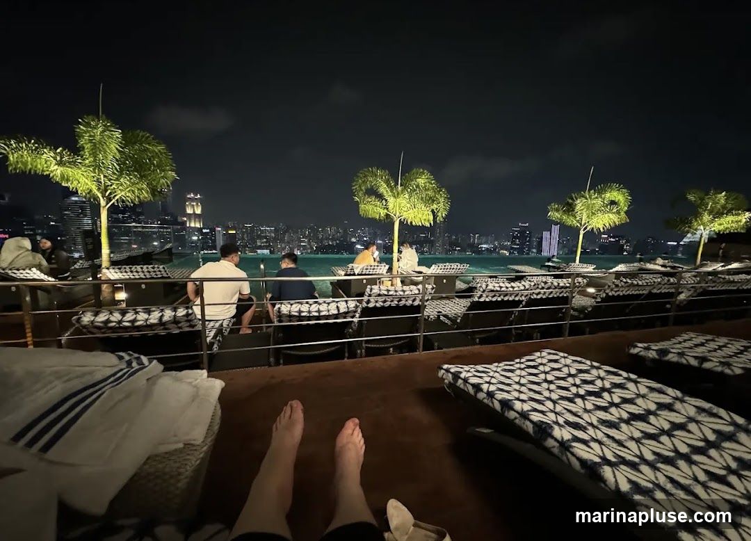 A nighttime view from a rooftop lounge, overlooking a city skyline and a body of water. Several lounge chairs with patterned cushions are visible, some occupied by people. Palm trees are scattered throughout the area. The city lights create a vibrant backdrop.