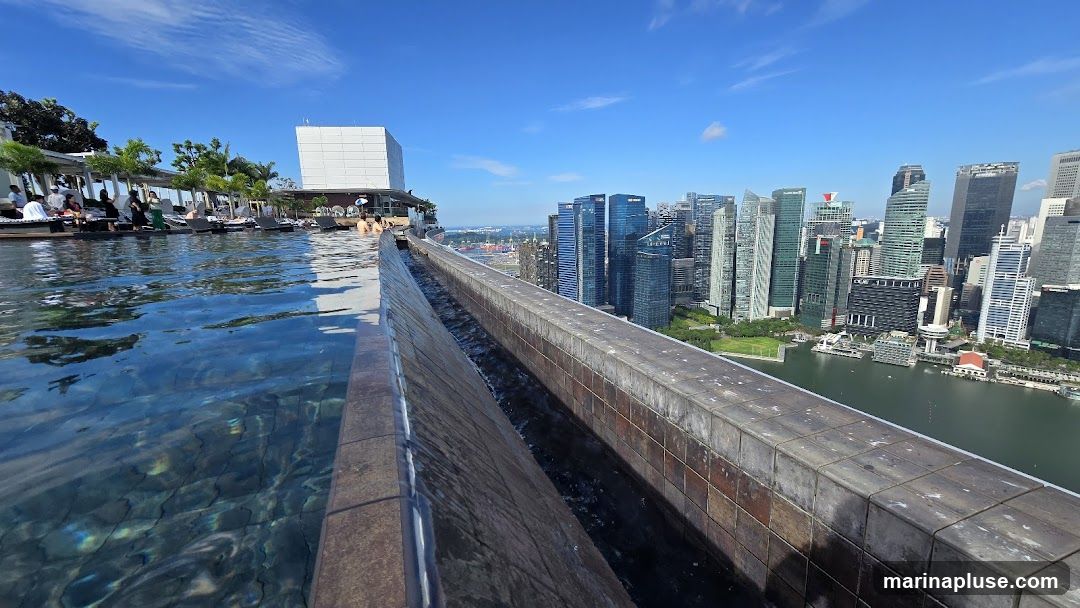 An infinity pool with clear blue water is in the foreground, with people relaxing on lounge chairs on the left. The pool has a stone edge and a cascading water feature. In the background, a dense cityscape with numerous skyscrapers rises above a body of water. The sky is clear and blue with a few wispy clouds.