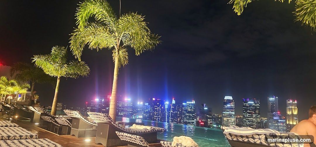 A panoramic view of a rooftop swimming pool at night, with lounge chairs arranged around the pool. Palm trees are visible in the foreground, illuminated by spotlights. In the background, a sprawling cityscape with numerous illuminated skyscrapers stretches across the horizon. The lights of the city create a vibrant and dynamic backdrop. A person is partially visible in the lower right corner, relaxing by the pool.