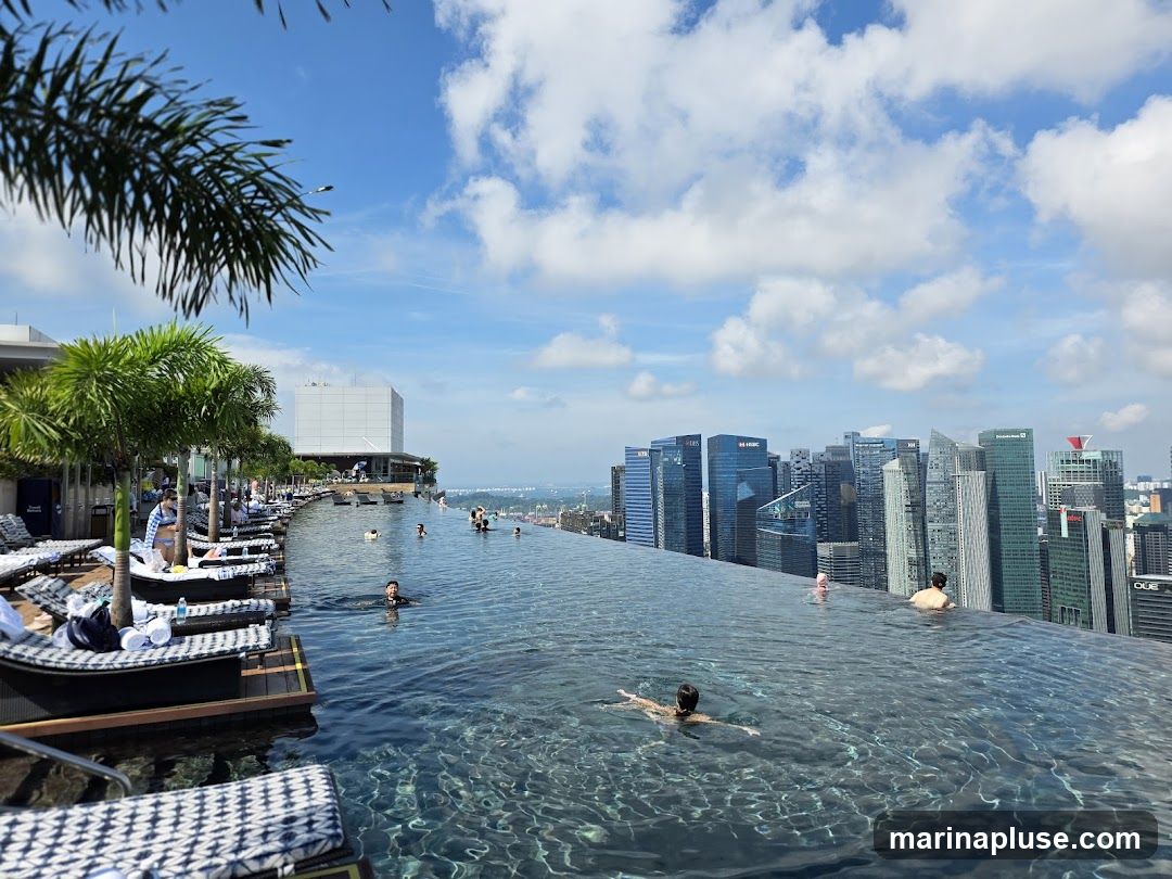 An infinity pool overlooks a dense cityscape under a partly cloudy sky. Palm trees line the edge of the pool area, where lounge chairs are set up. Several people are swimming in the pool, while others relax on the loungers. The buildings in the background are modern skyscrapers.