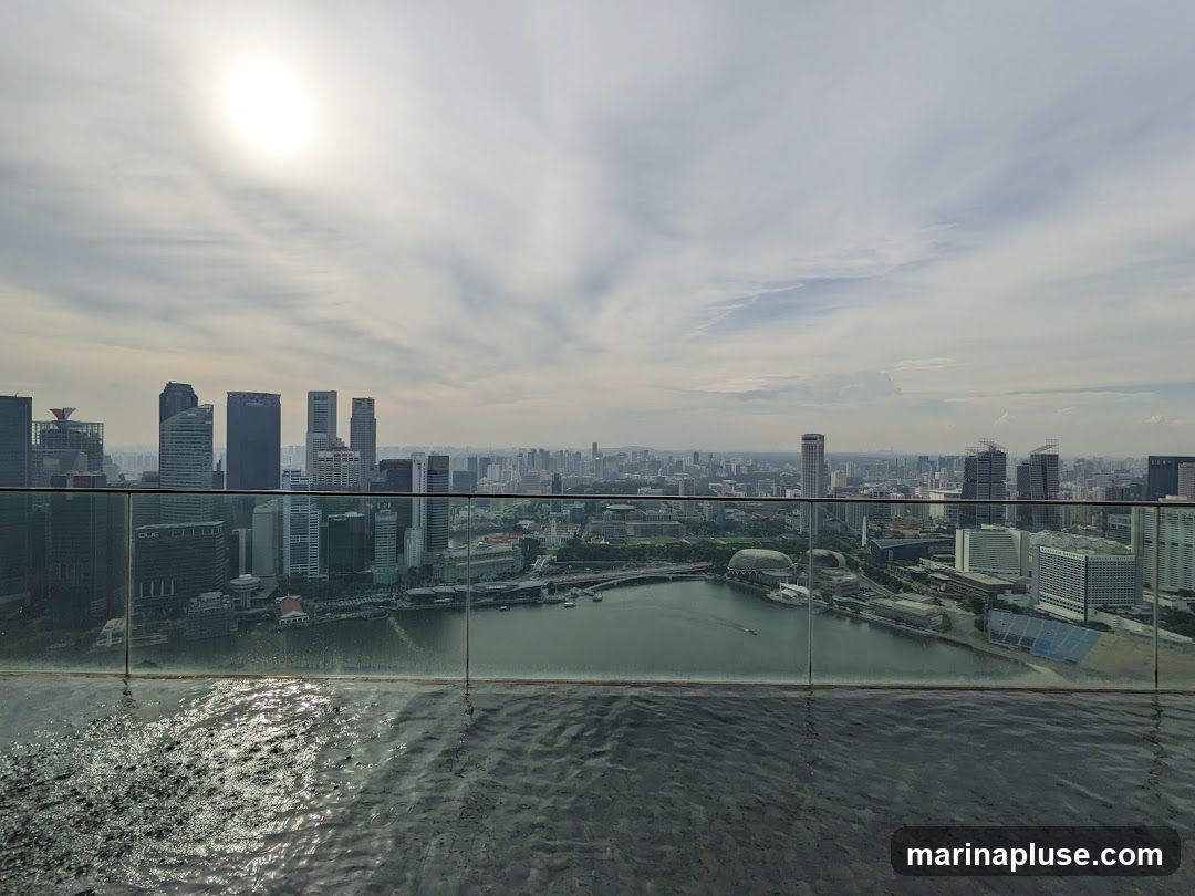 A view from a rooftop pool overlooking a dense city skyline under a cloudy sky. The sun is visible through the clouds, casting a glare on the water. The foreground shows the rippling surface of the pool with a glass barrier. In the background, numerous skyscrapers and buildings stretch across the horizon, with a body of water in the middle ground.