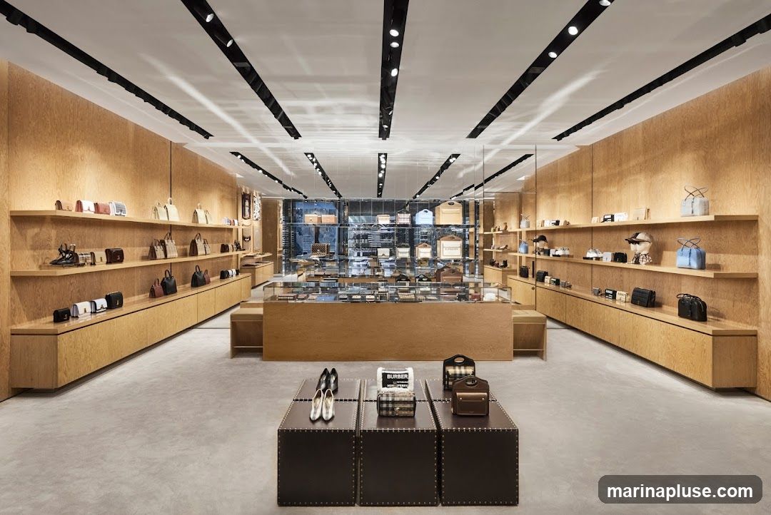 A well-lit, modern retail space with light wood paneling and shelving displaying a variety of handbags, shoes, and accessories. The store features a central display area with glass cases and a prominent display of handbags on dark, studded cubes in the foreground.