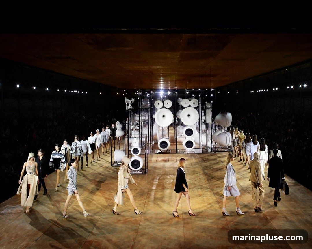 Models walk down a runway during a fashion show. The runway is made of wood and is lit by spotlights. In the background, there is a large installation of speakers and other audio equipment. The audience is seated in the dark on either side of the runway.