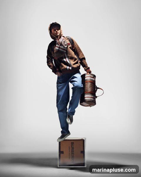 A man wearing a Burberry patterned hooded sweatshirt, blue jeans, and a baseball cap is captured mid-air, balancing on a clear box. He holds a cylindrical Burberry bag with striped accents in his right hand. The box he stands on has the Burberry logo and "LONDON ENGLAND" printed on it. The background is a plain white gradient.