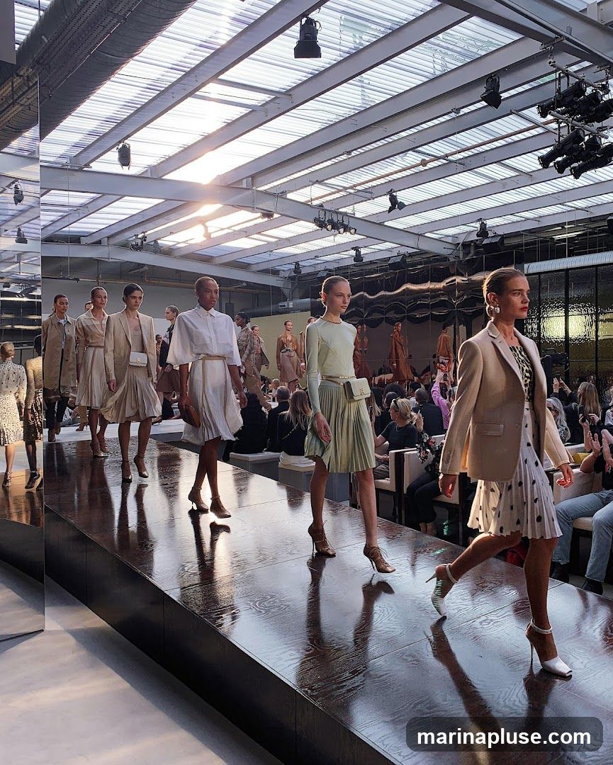 Models walk down a runway during a fashion show. The models are wearing neutral-colored clothing, including dresses, skirts, and blazers. The runway is made of dark, reflective material, and the ceiling is a glass structure with exposed beams and lighting fixtures. An audience is seated on either side of the runway.