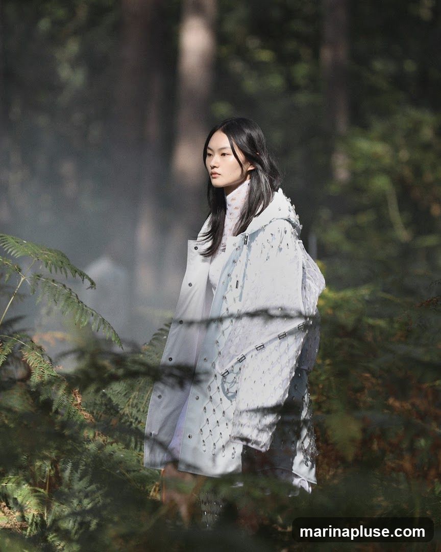 A young woman with long dark hair, wearing a white hooded jacket with intricate embellishments and a white patterned top, walks through a misty forest. She is surrounded by lush green ferns and trees, with sunlight filtering through the canopy. The image appears to be from a fashion editorial or runway show.