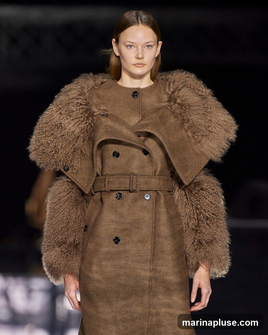 A fashion model walks down a runway wearing a brown double-breasted coat with a belt and fur accents on the shoulders and sleeves. The coat has dark buttons and a buckle on the belt. The model has light skin and brown hair pulled back. The background is dark and out of focus.