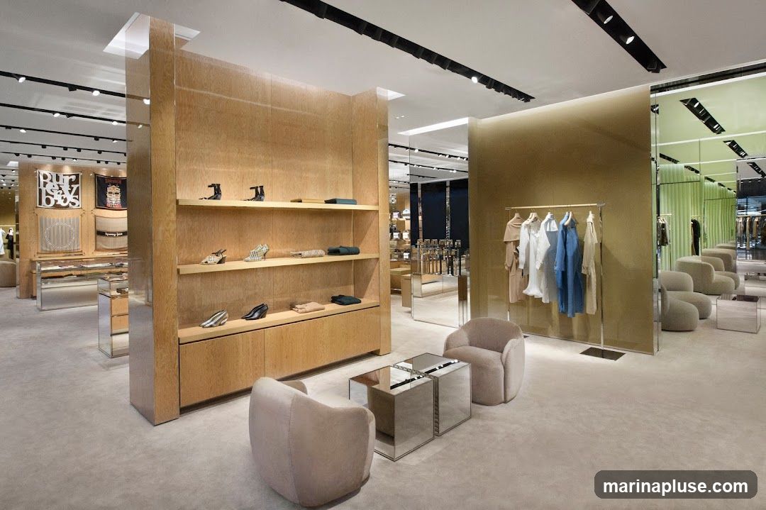 A spacious and modern luxury retail store interior. The store features light wood shelving displaying shoes and accessories, a rack of clothing, and plush seating areas. Mirrored surfaces and soft lighting create an elegant ambiance. In the background, more merchandise and seating are visible, suggesting a large retail space.