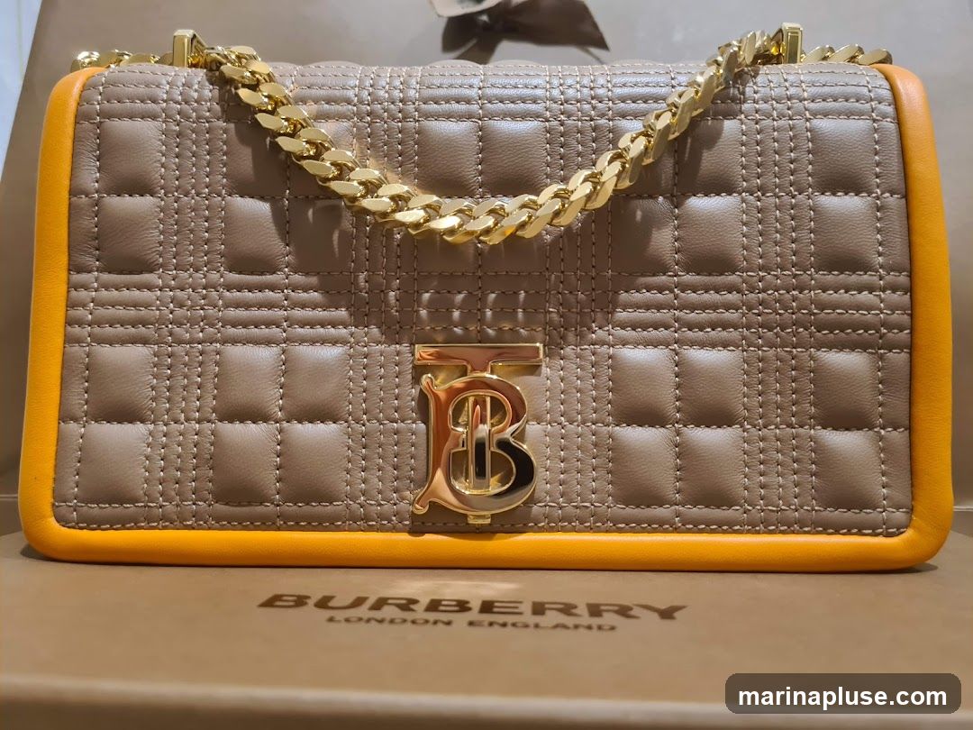 A close-up, eye-level shot of a quilted leather shoulder bag with a gold chain strap. The bag is a neutral tan color with a subtle plaid pattern created by the stitching. It has a bright orange trim along the bottom and sides. A prominent gold-tone "TB" logo is centered on the front of the bag. The bag rests on a brown box with the embossed text "BURBERRY LONDON ENGLAND" visible.