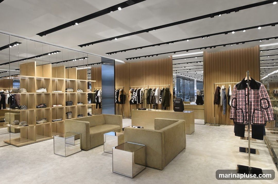 A spacious and modern clothing store interior with minimalist design. The store features wooden shelving units displaying shoes and bags, and racks of clothing. Two beige sofas and mirrored coffee tables are placed in the seating area. The lighting is provided by a track lighting system on the ceiling.
